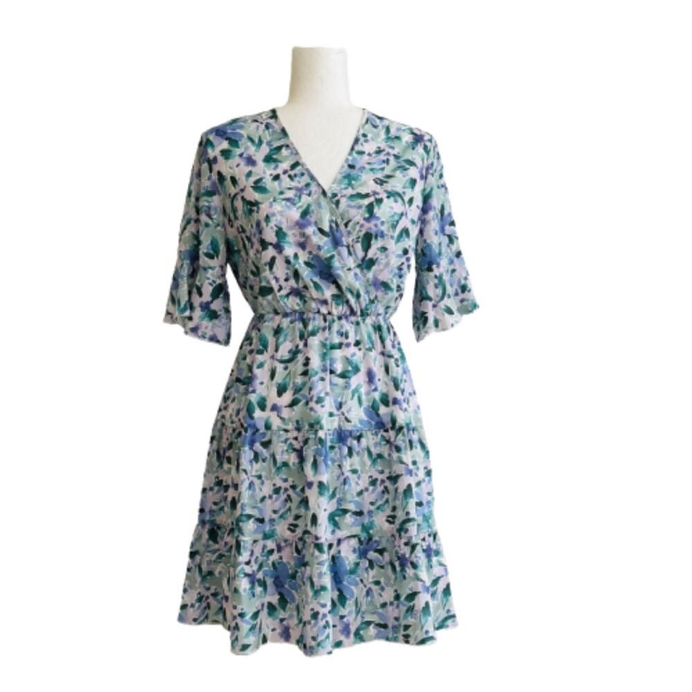 Anna-Kaci Dress Lavender Green Floral Flutter Short Sleeve Tiered Boho Small